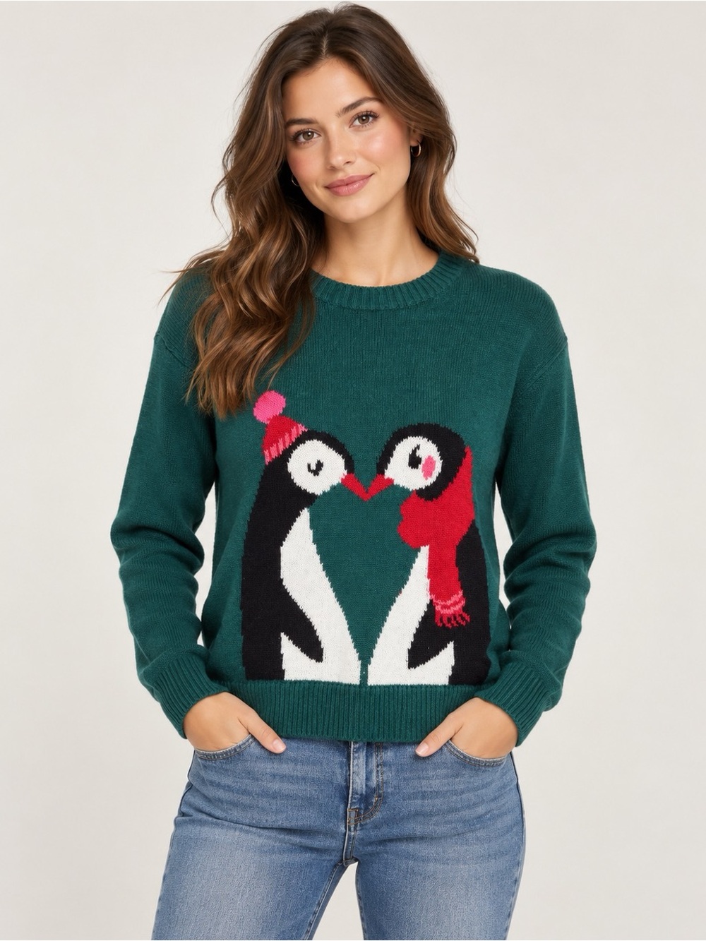 Hollister Forest Green Penguin Intarsia Crewneck Sweater with Red & Pink Accents